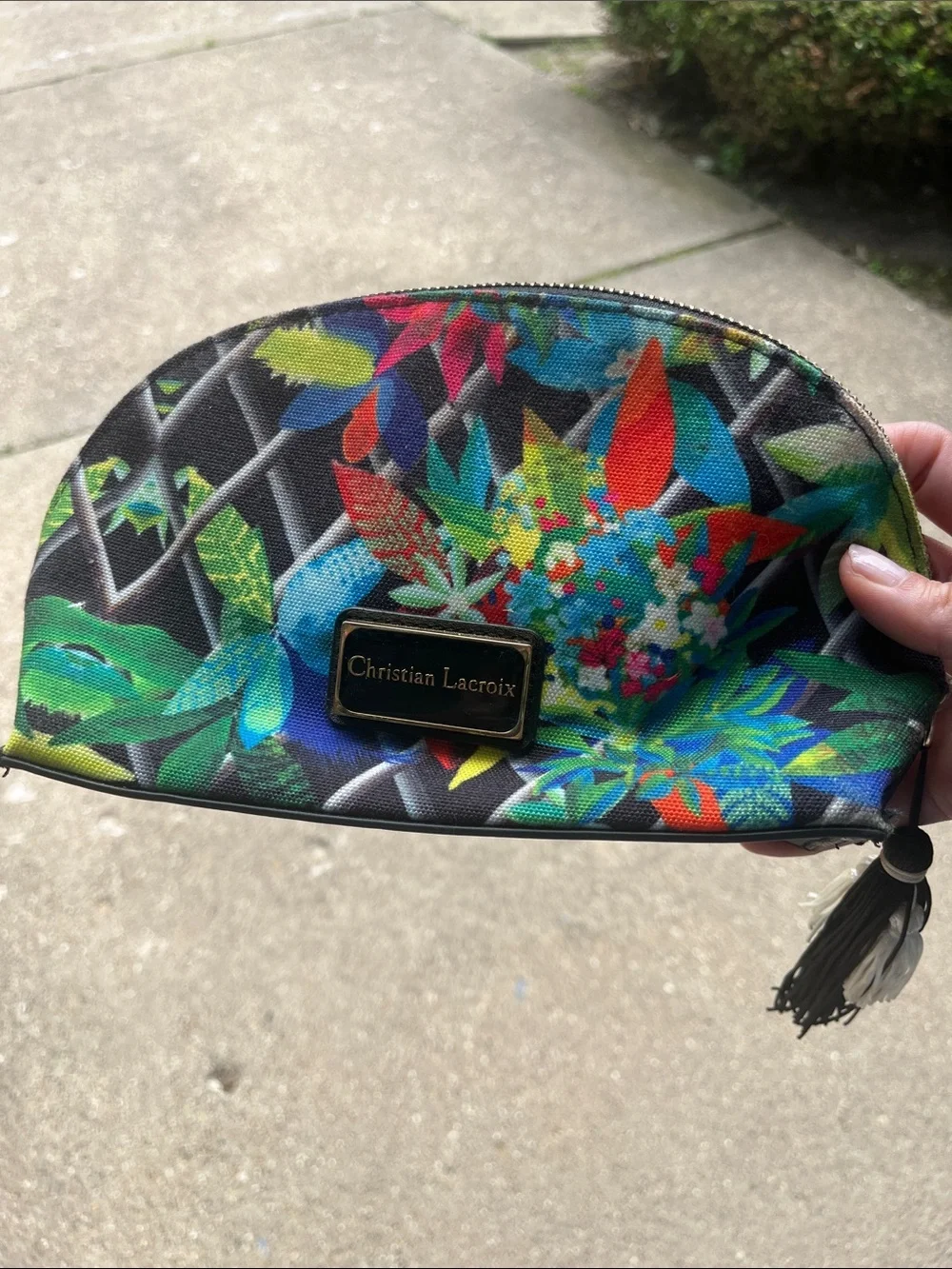 Christian Lacroix Black Floral Print Cosmetic Pouch with Tassel